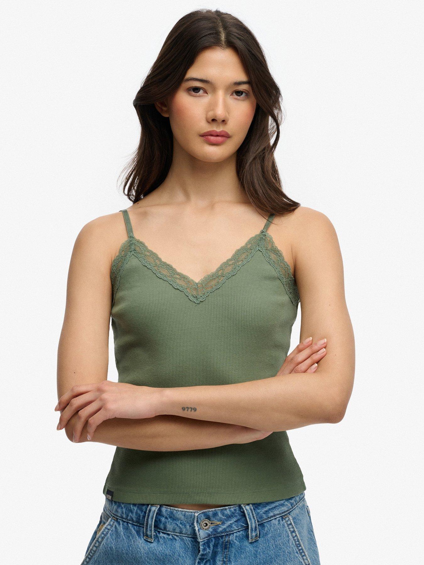 Image 1 of 5 of Superdry Essential Lace Trim Cami Top - Green