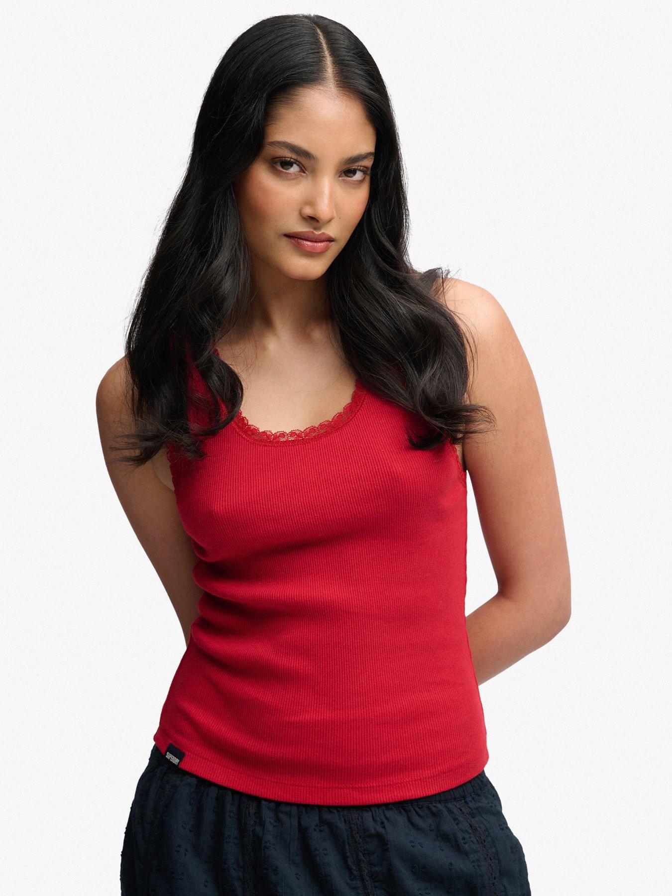 Image 1 of 6 of Superdry Vintage Lace Trim Vest - Red