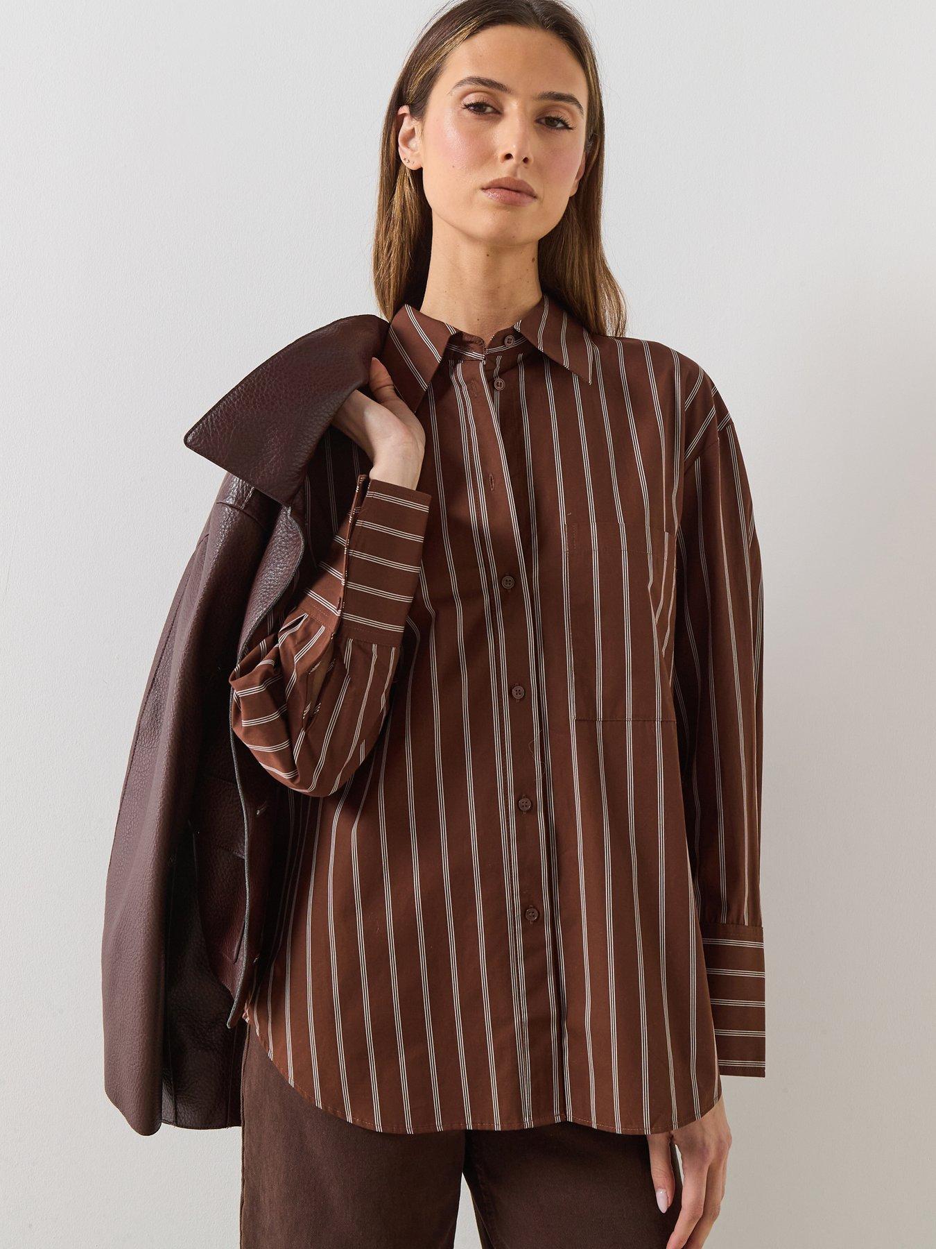  image of mango-pocket-striped-shirt-brown