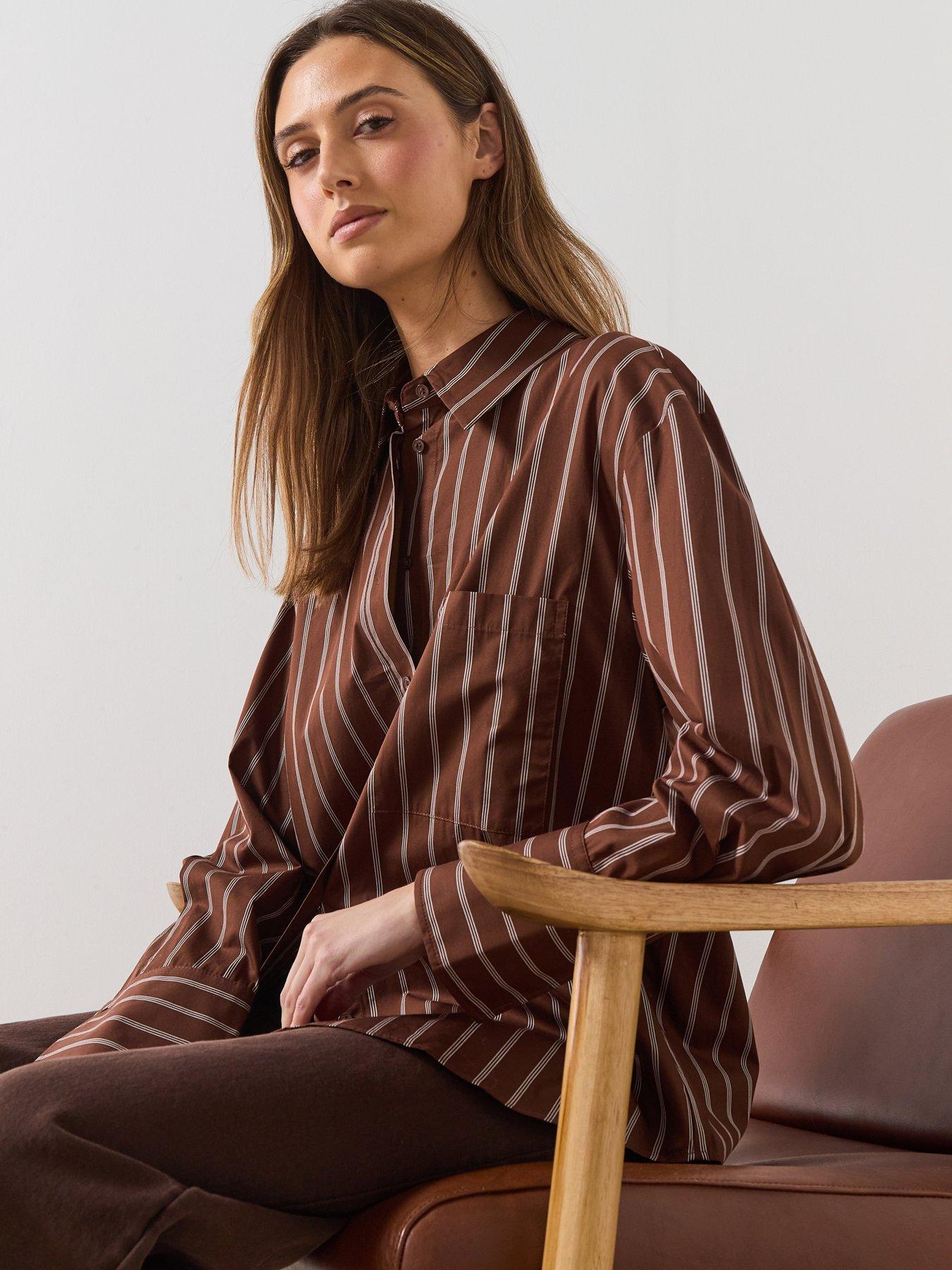  image of mango-pocket-striped-shirt-brown