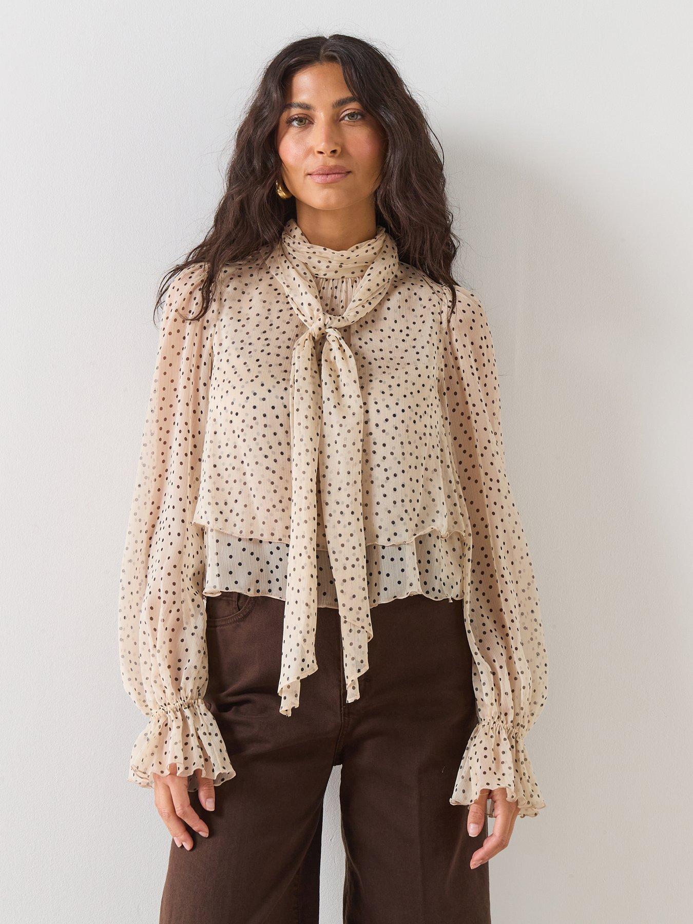 front image of mango-bow-polka-dot-blouse-beige