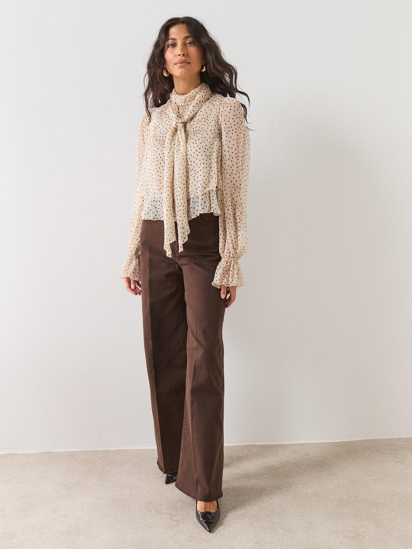 Image 3 of 6 of Mango Tie Neck Spot Print Blouse - Beige