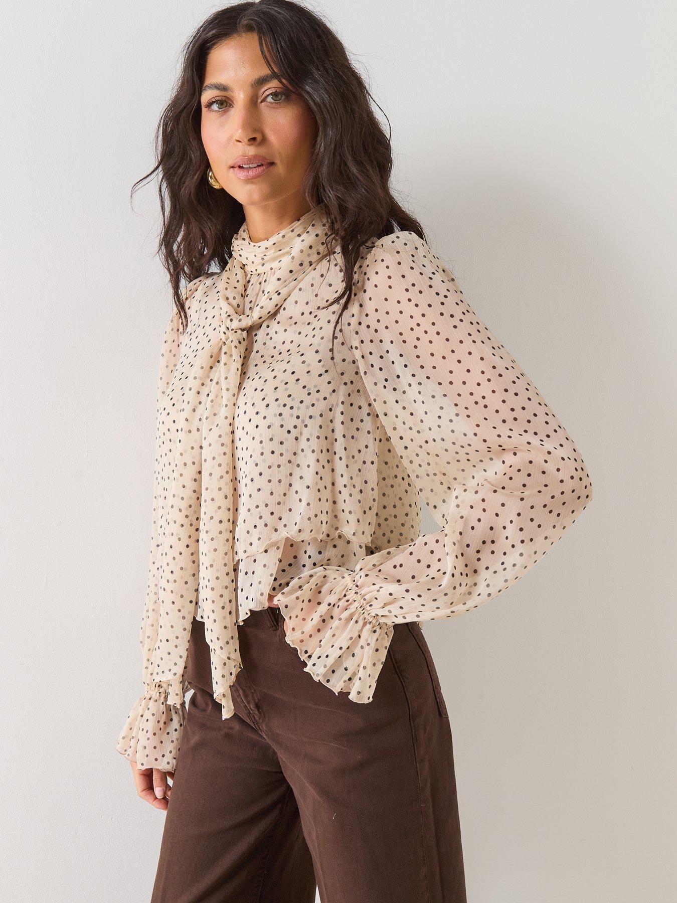 Image 4 of 6 of Mango Tie Neck Spot Print Blouse - Beige