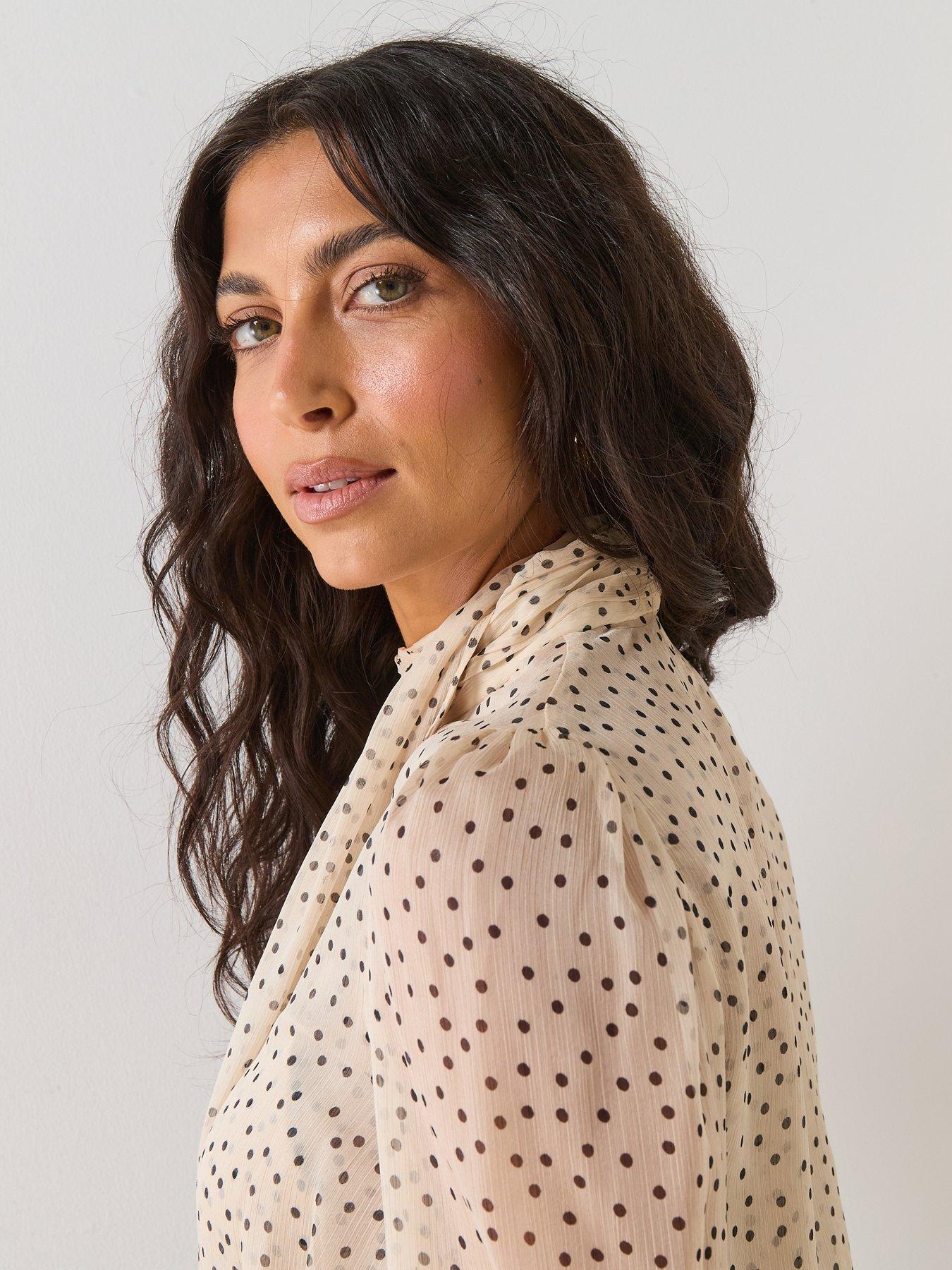 Image 5 of 6 of Mango Tie Neck Spot Print Blouse - Beige