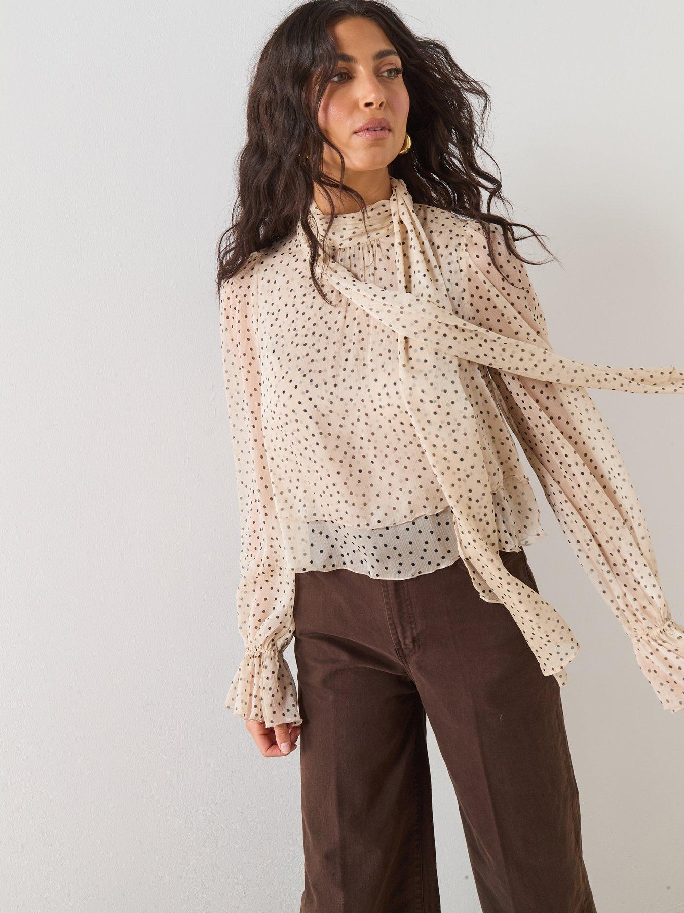 Image 6 of 6 of Mango Tie Neck Spot Print Blouse - Beige