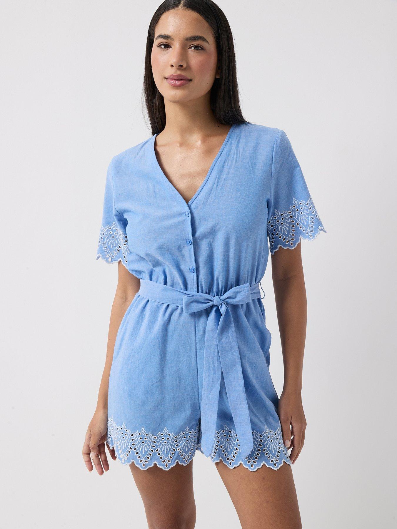 Image 1 of 5 of Only Onltulum Emb Short Sleeve Playsuit Wvn - Blue