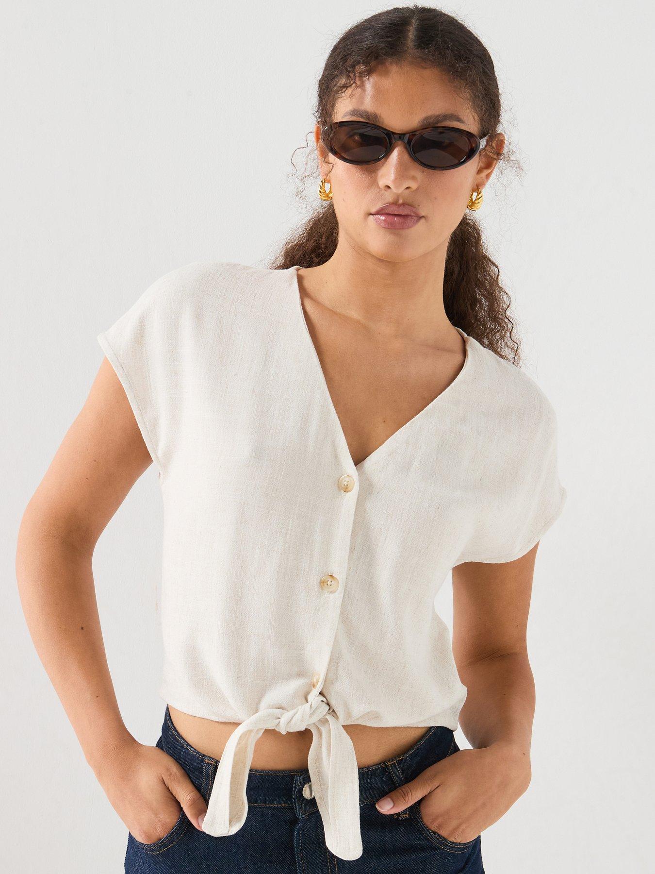 Only Siesta Short Sleeve Knot Linen Blend Shirt - Beige