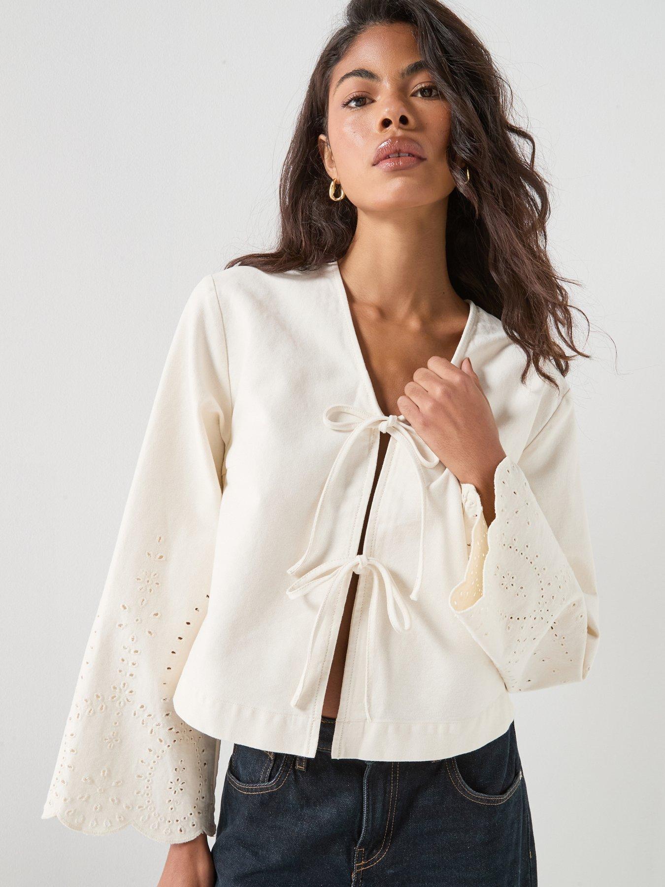 Only Broderie Denim Tie Front Jacket   - White