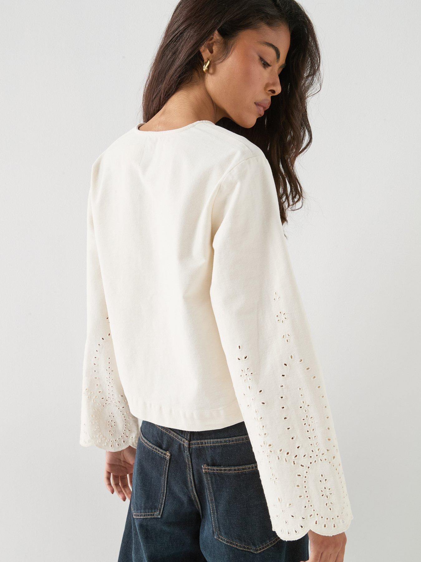 Image 2 of 6 of Only Broderie Denim Tie Front Jacket&nbsp; &nbsp;- White