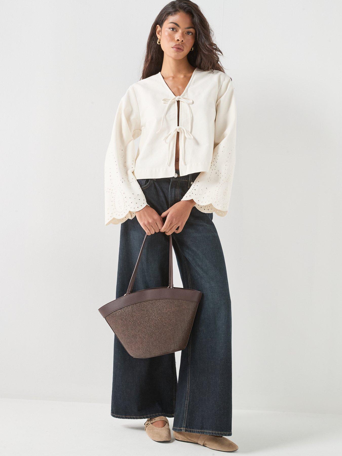 Image 3 of 6 of Only Broderie Denim Tie Front Jacket&nbsp; &nbsp;- White