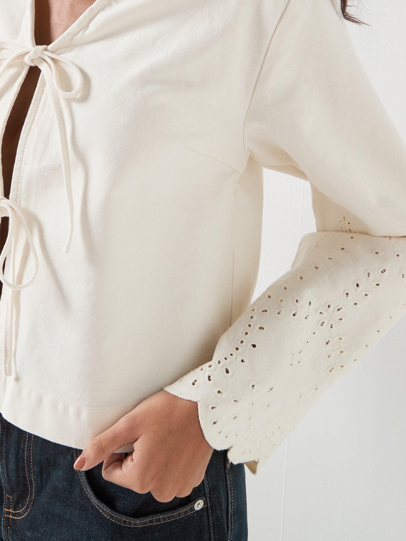 Image 4 of 6 of Only Broderie Denim Tie Front Jacket&nbsp; &nbsp;- White