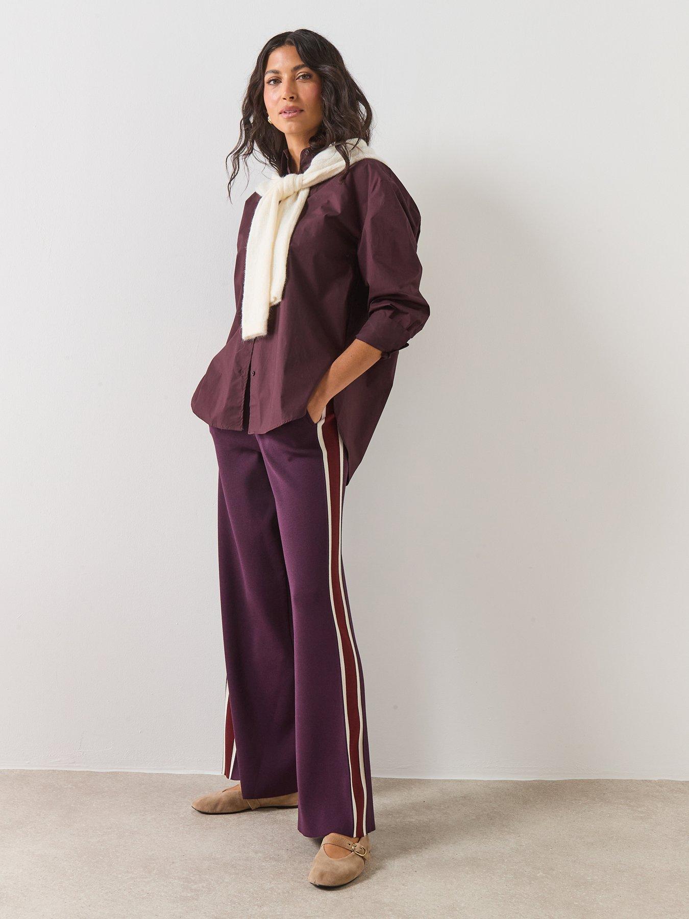 Image 3 of 6 of Mango Knitted Trousers With Contrasting Stripe - Burgundy