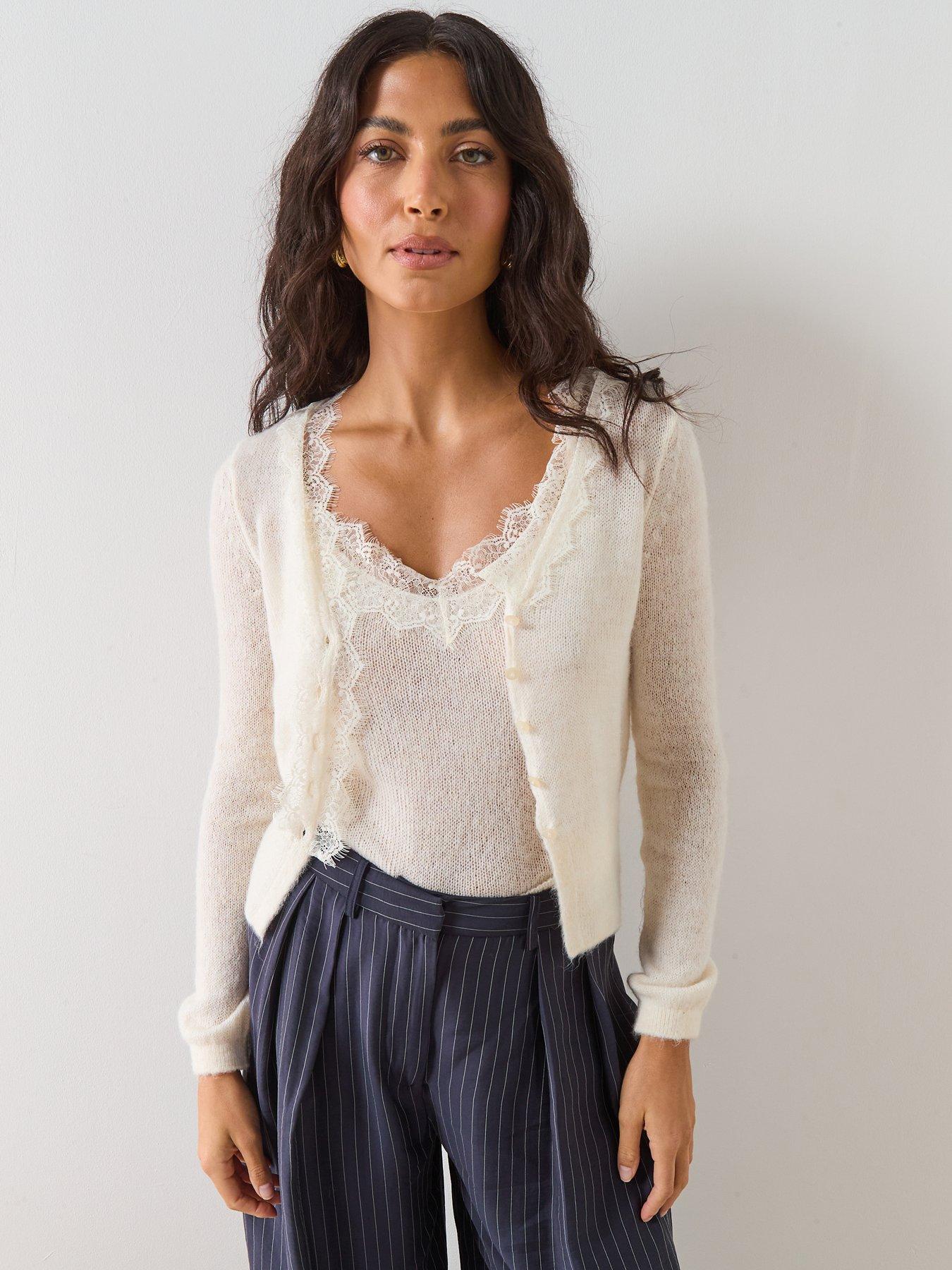 front image of mango-lace-knit-cardigan-beige