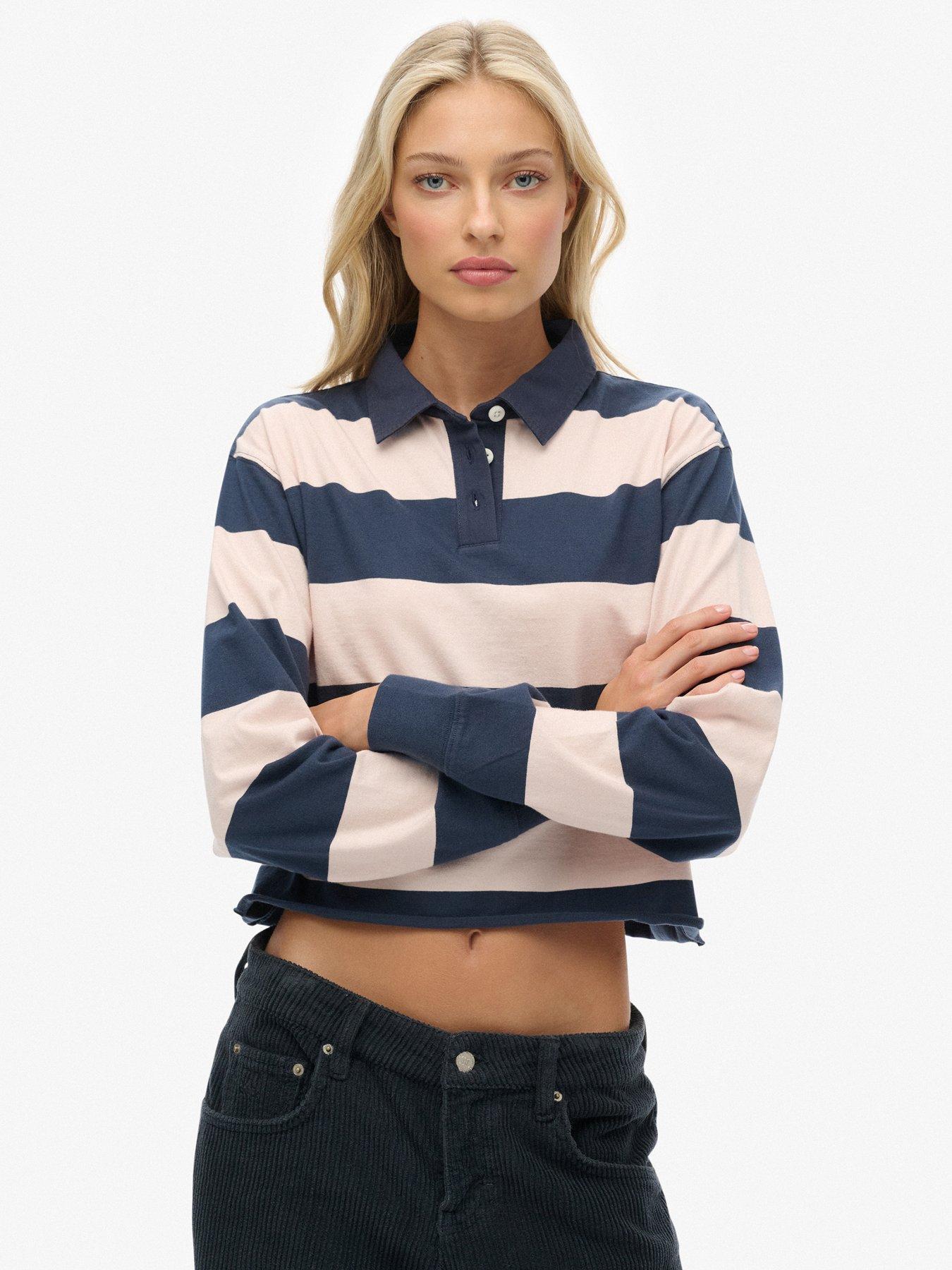 Superdry Athletic Essentials Cropped Stripe Rugby Shirt-blue