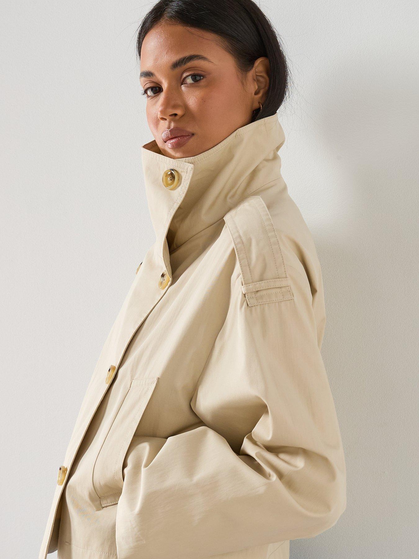 Image 6 of 6 of Mango Double Breasted Cropped Trench Coat - Beige