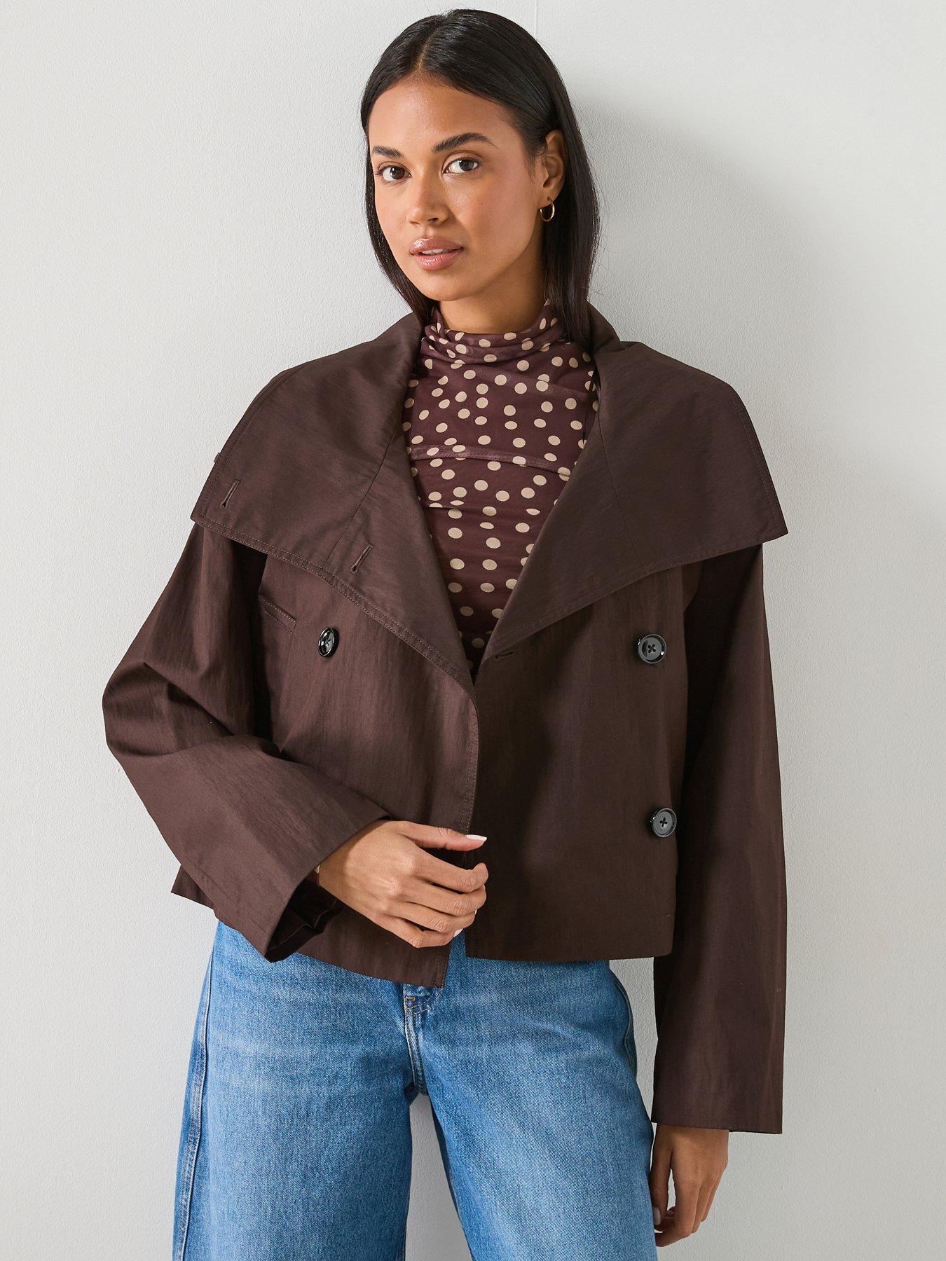 Image 1 of 6 of Mango Double Breasted Cropped Trench Coat - Brown