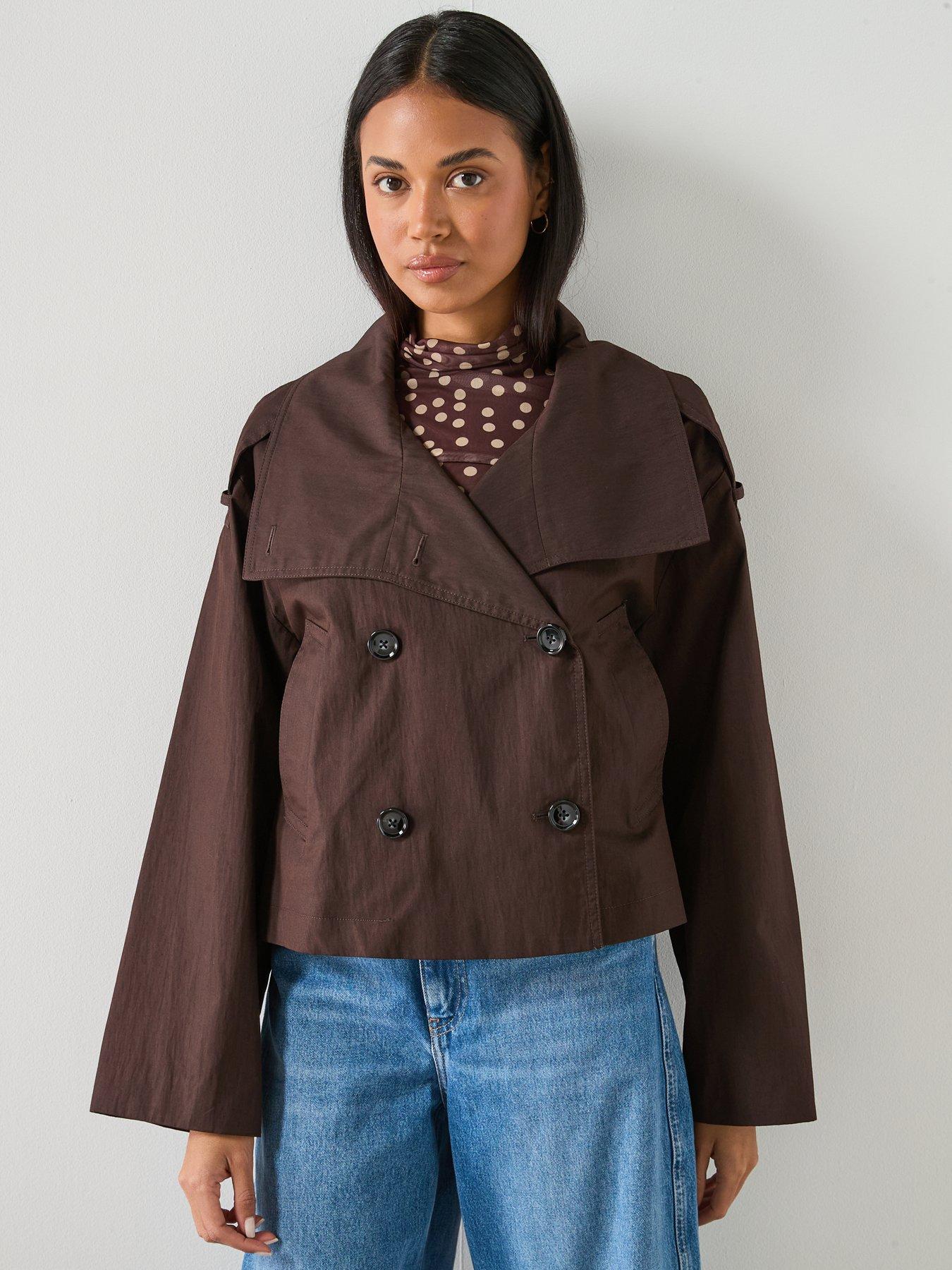 Image 6 of 6 of Mango Double Breasted Cropped Trench Coat - Brown