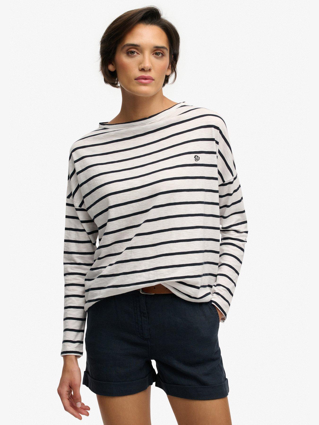 Superdry Studios Boat Neck Slub Long Sleeve Top - Blue Stripe