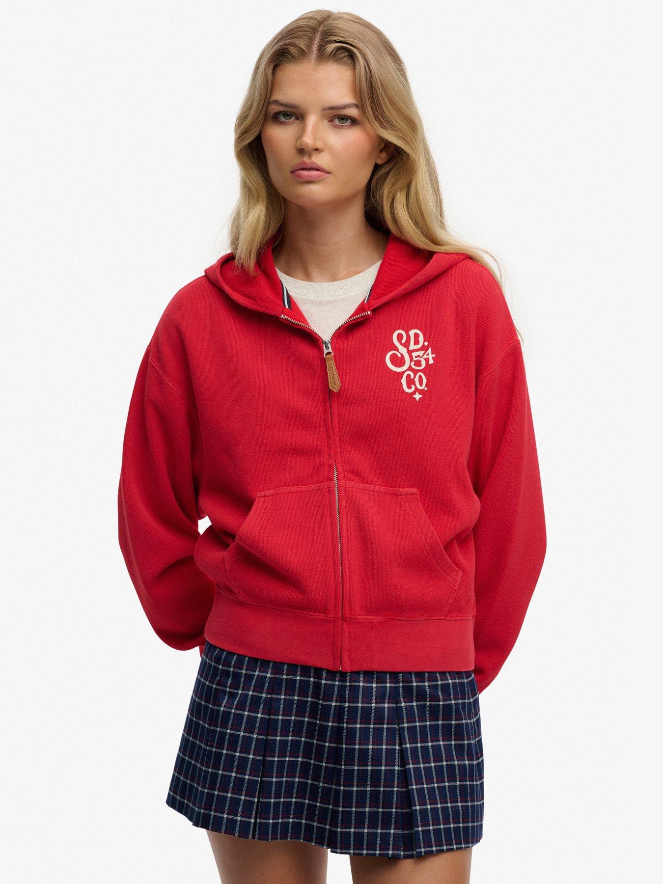 front image of superdry-heritage-hamptons-zip-hoodie-red