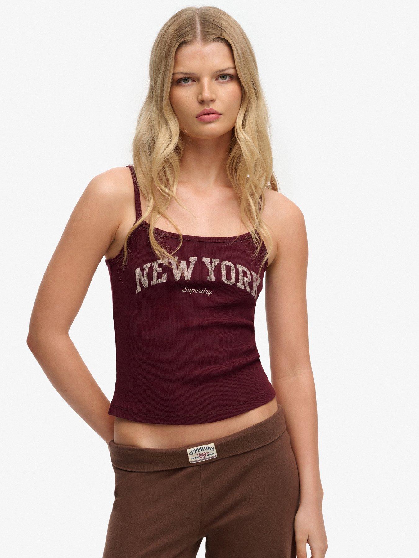 front image of superdry-athletic-essentials-graphic-print-cami-top-burgundy