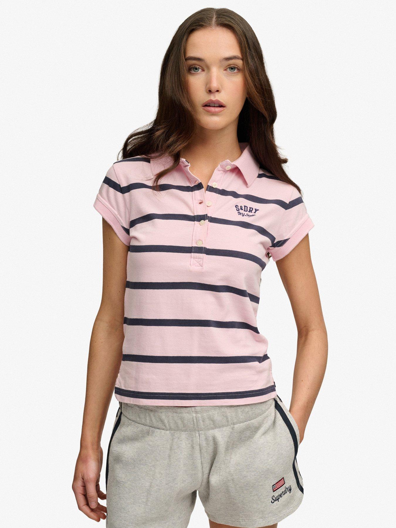 Superdry Ath Ess Stripe Jersey Polo Top - Pink/Blue