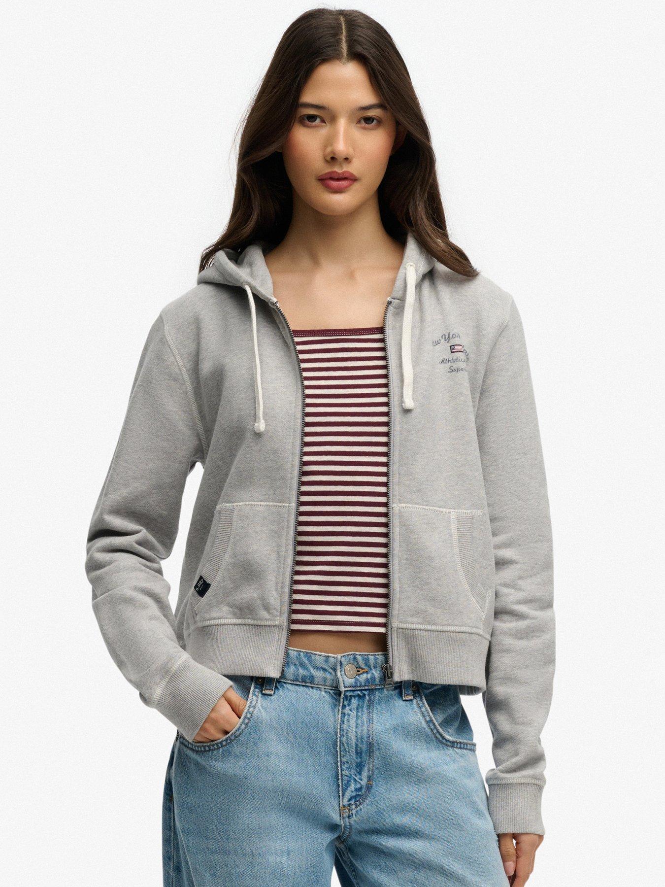 front image of superdry-athletic-essentials-relaxed-crop-zip-hoodie-grey