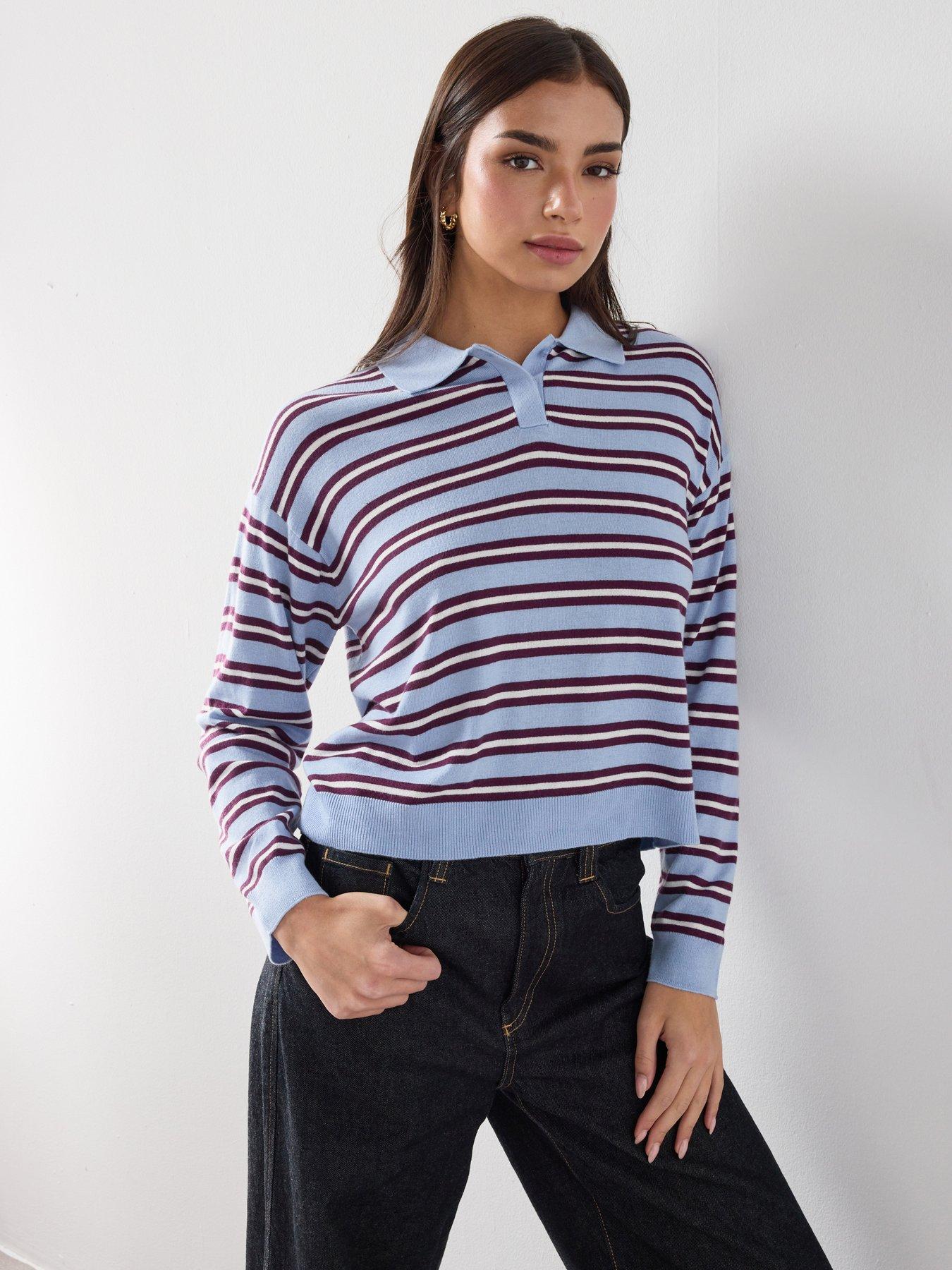 Mango Striped Polo Collar Sweater - Blue
