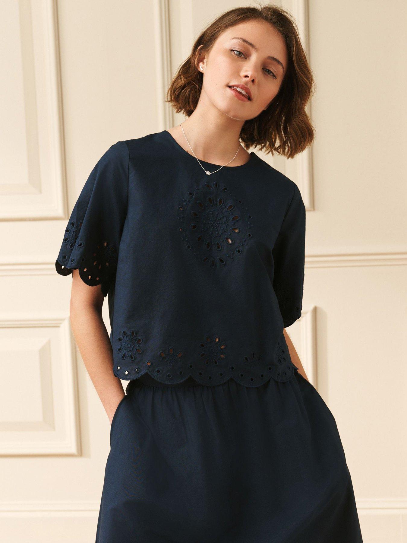 Laura Ashley Broderie Scallop Co Ord Top - Navy