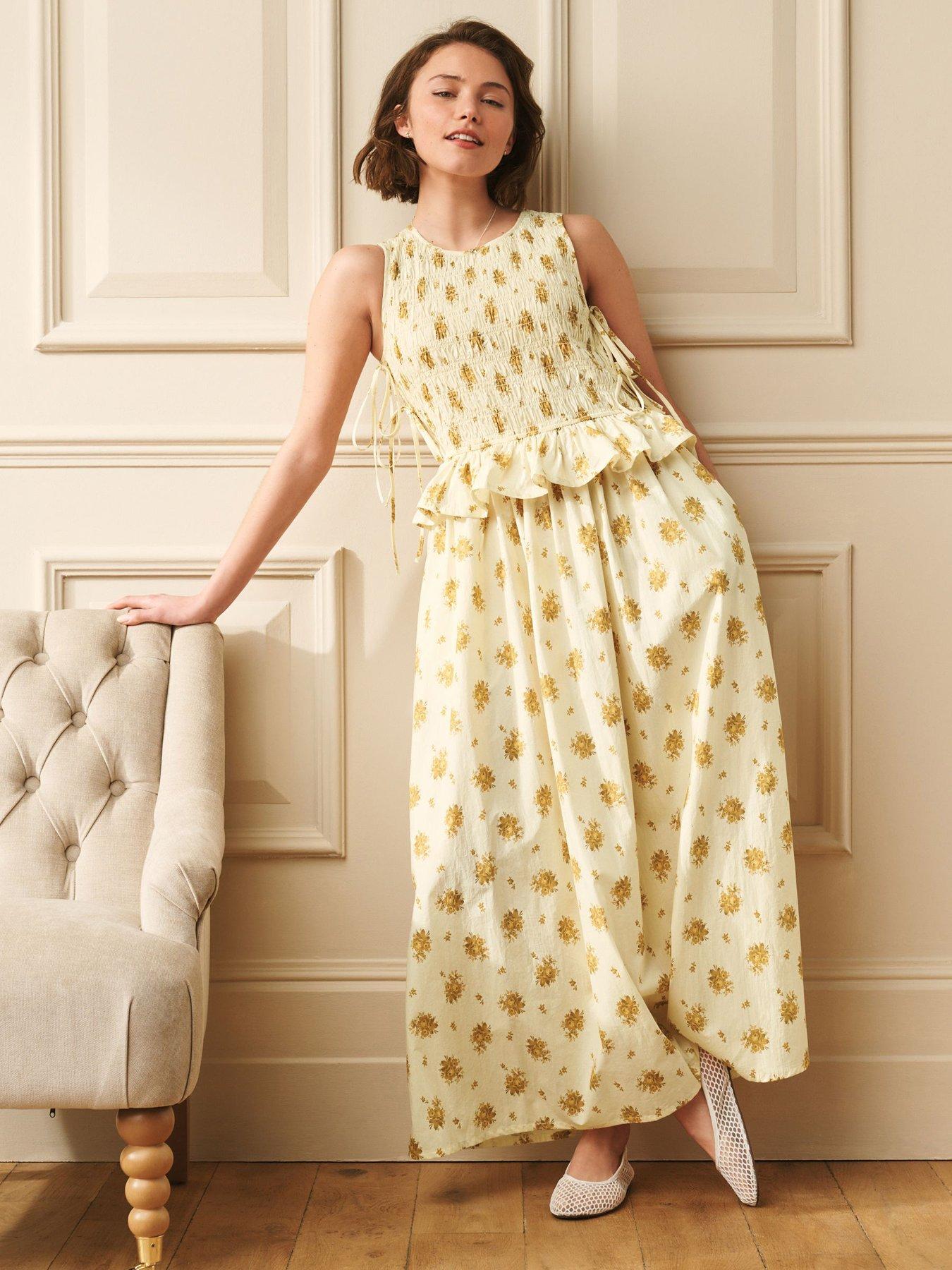 Laura Ashley Sleeveless Shirred Floral Dress - Yellow