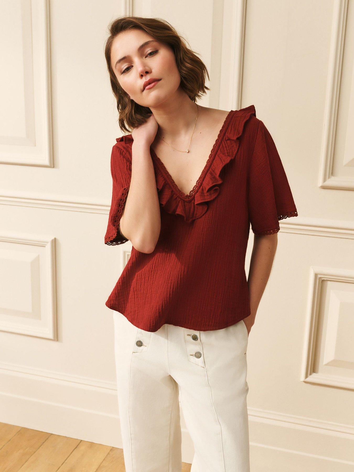 Laura Ashley Ruffle Regular V-Neck Tops - Pink