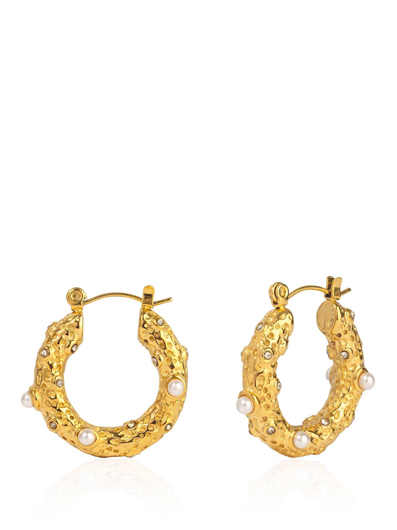  image of the-love-collection-gold-plated-stainless-steel-pearl-and-cz-textured-creole-earrings