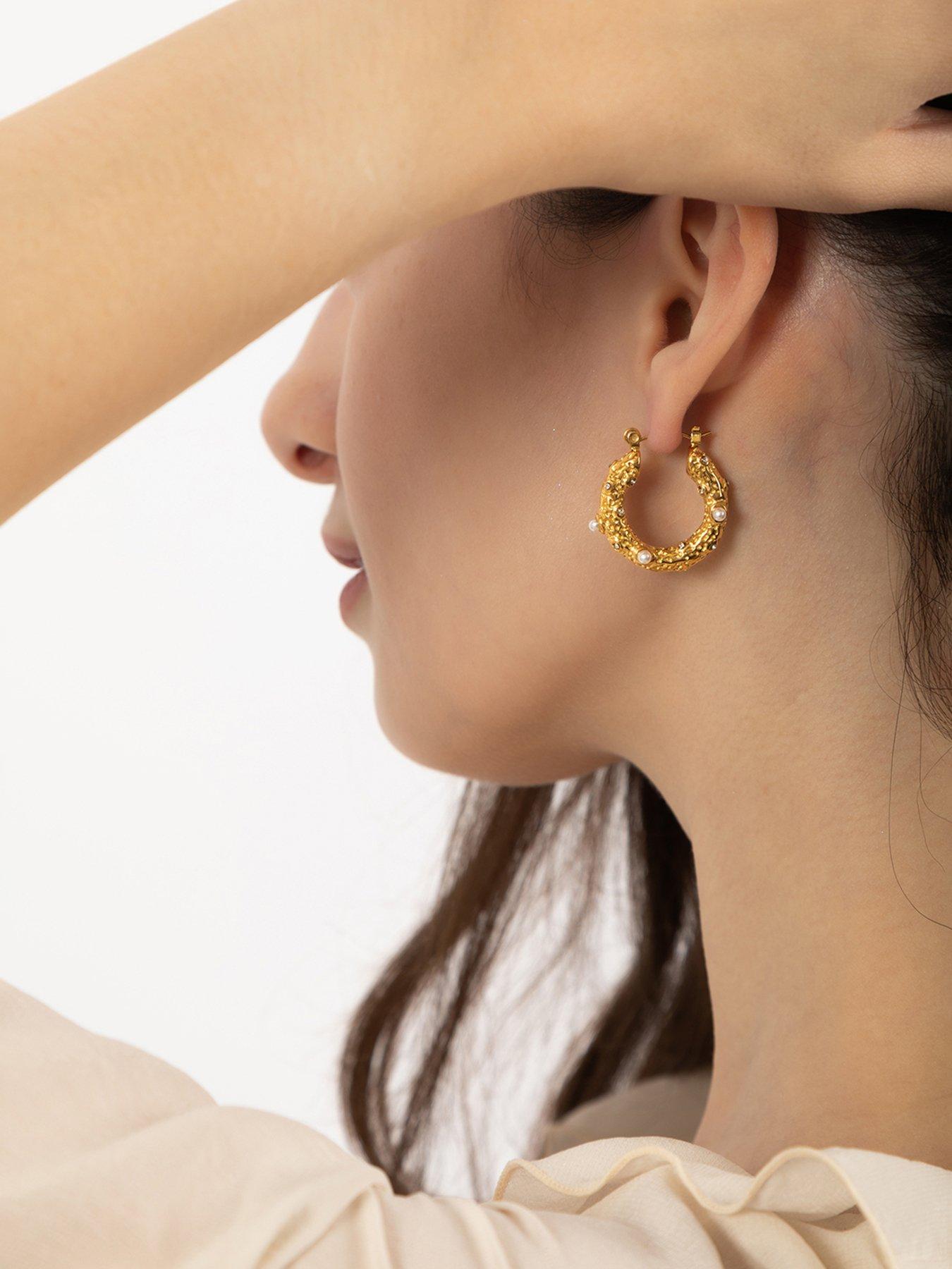  image of the-love-collection-gold-plated-stainless-steel-pearl-and-cz-textured-creole-earrings