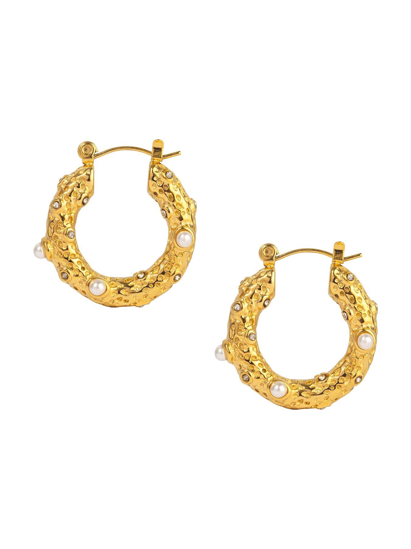  image of the-love-collection-gold-plated-stainless-steel-pearl-and-cz-textured-creole-earrings