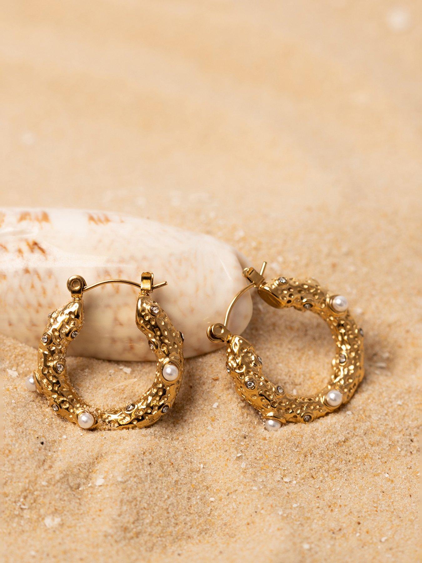  image of the-love-collection-gold-plated-stainless-steel-pearl-and-cz-textured-creole-earrings