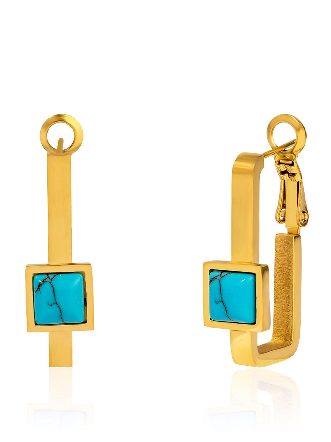 The Love Collection Gold Plated Stainless Steel Turquoise Rectangle Hoop Earrings