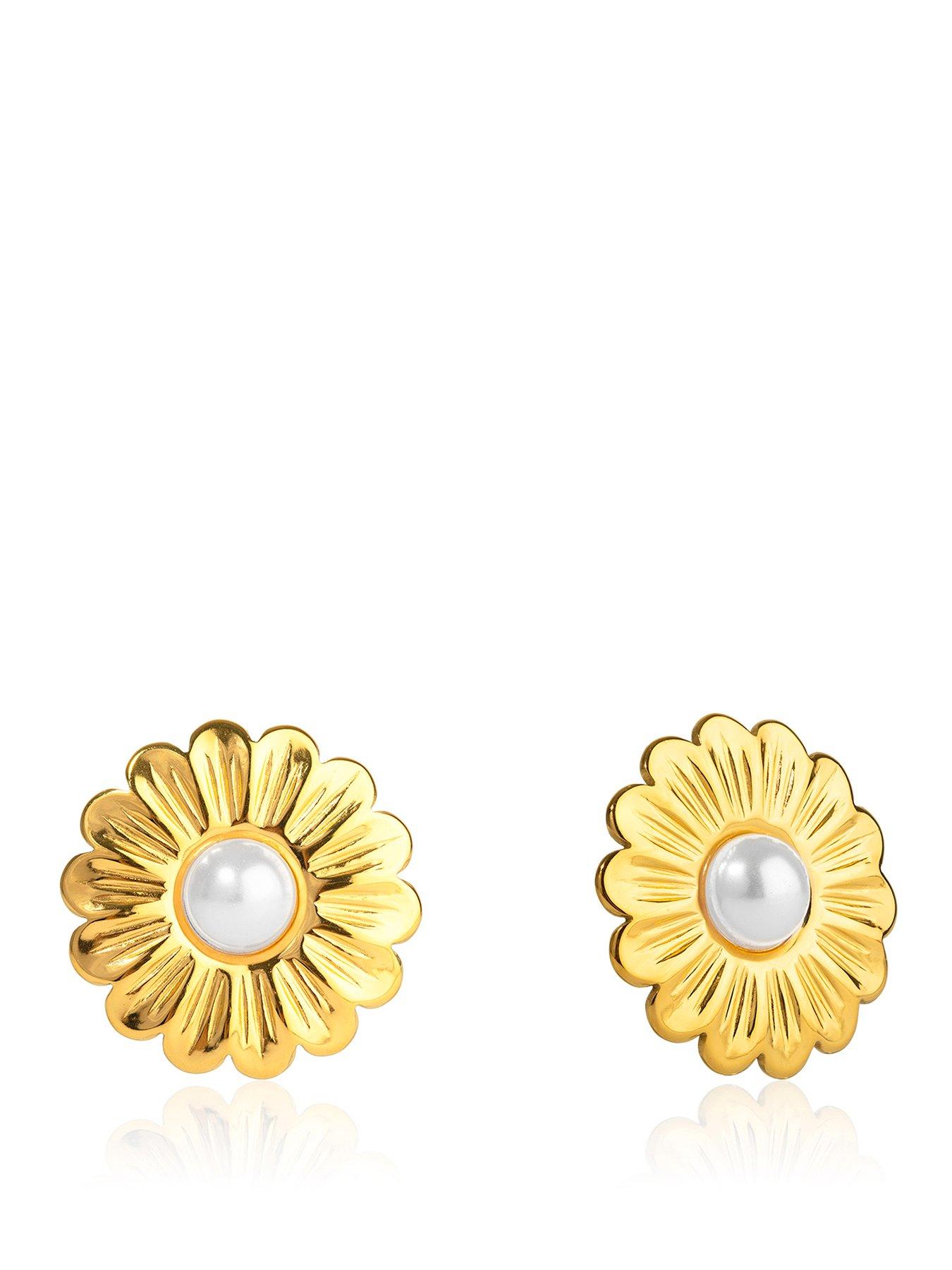 The Love Collection Gold Plated Stainless Steel Pearl Flower Stud Earrings