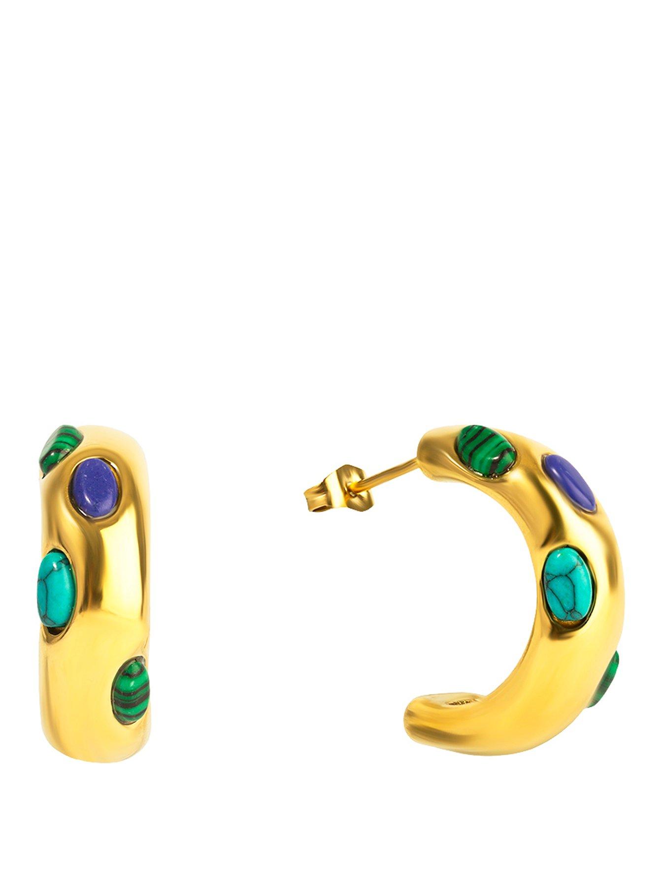 The Love Collection Gold Plated Stainless Steel Studded Malachite and Turquoise Stud Hoop