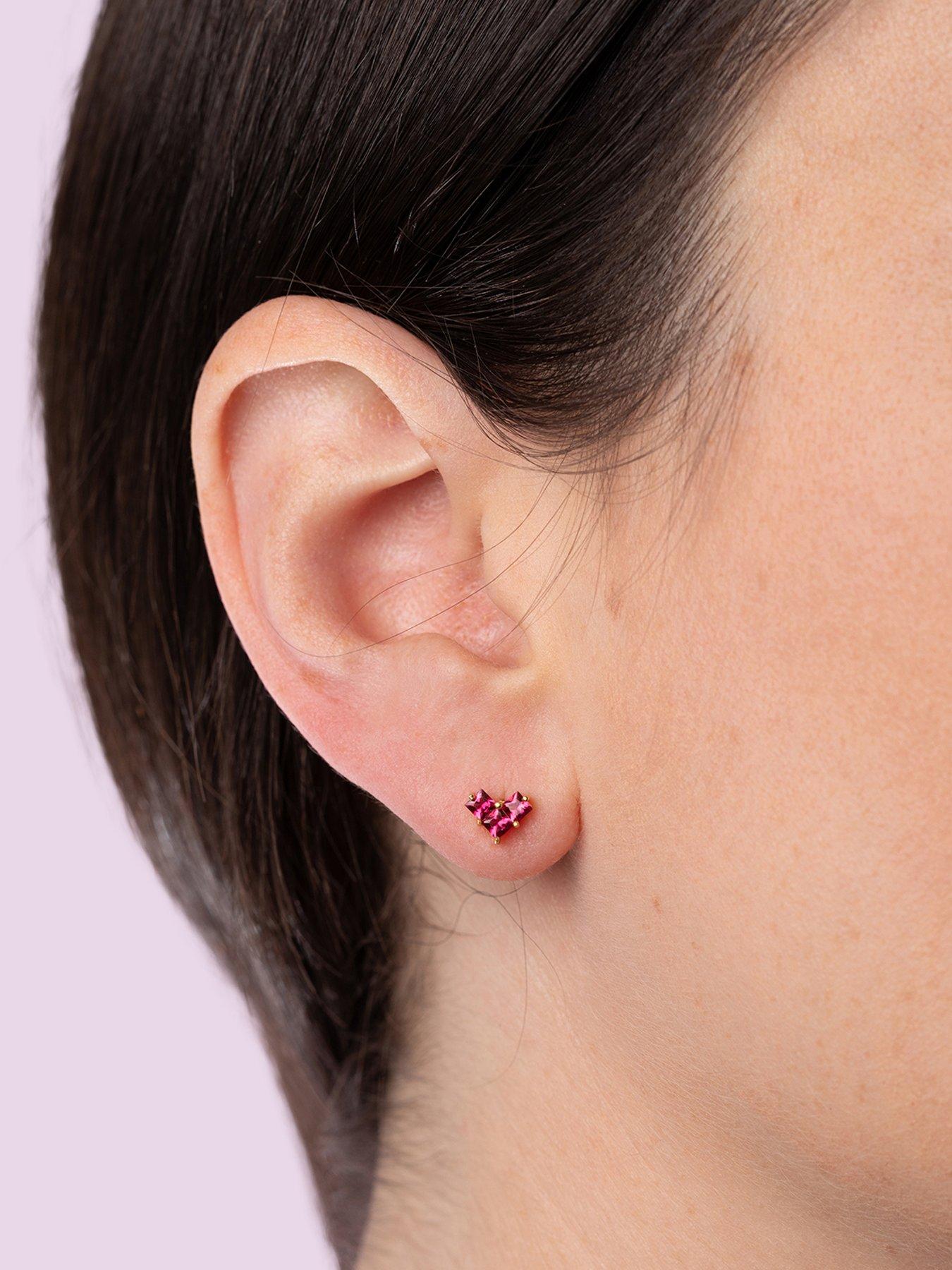Image 2 of 5 of The Love Collection Gold Plated Sterling Silver Ruby CZ Emerald Cut Heart Studs