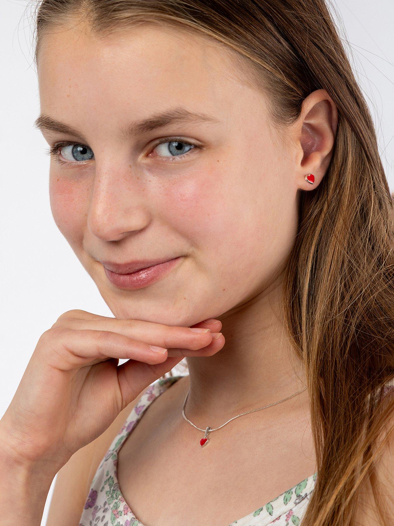 Image 2 of 6 of The Love Collection Sterling Silver Red Enamel Heart Necklace and Stud Set