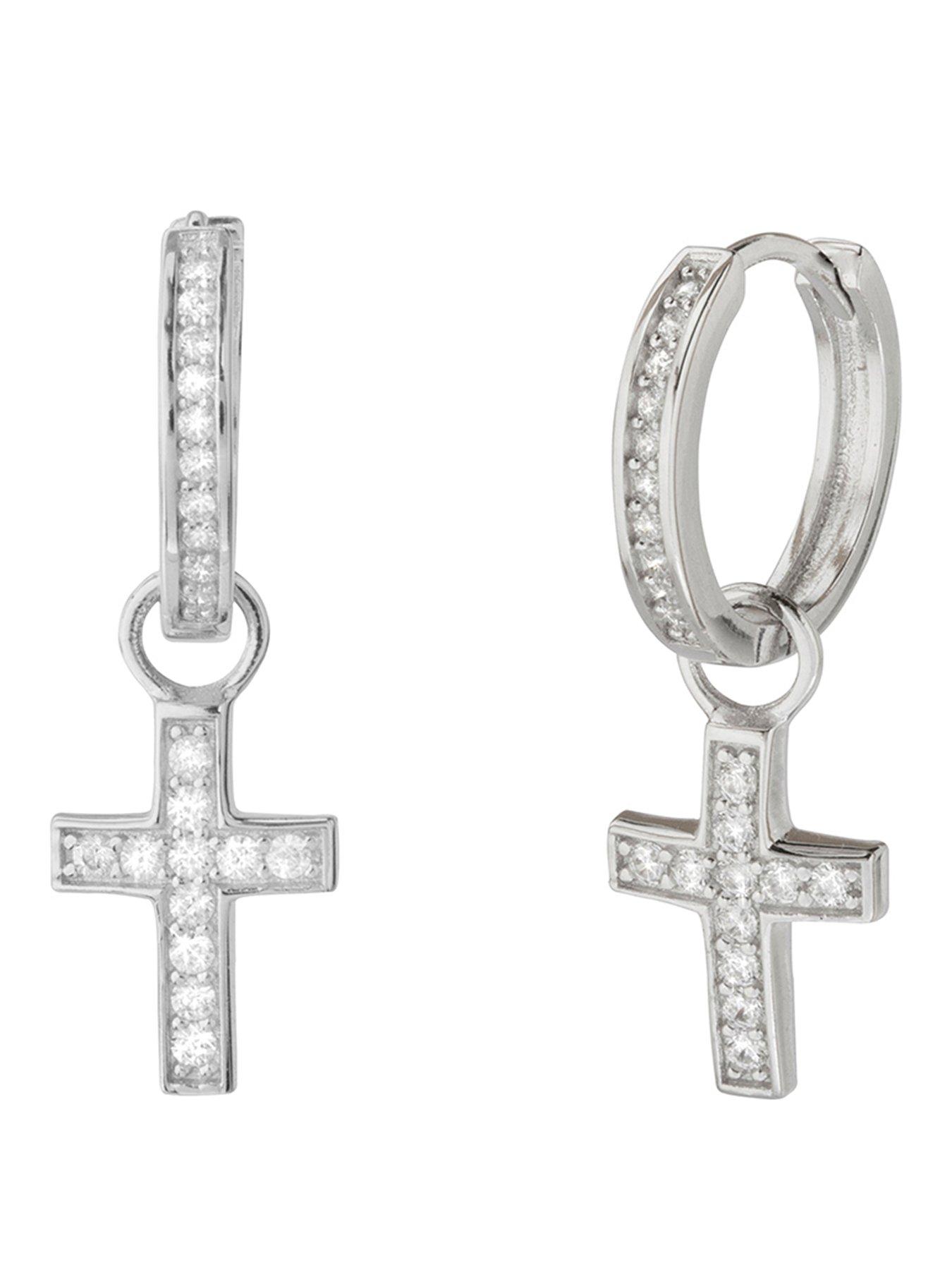 The Love Collection Sterling Silver Cubic Zirconia Cross Huggie Earrings