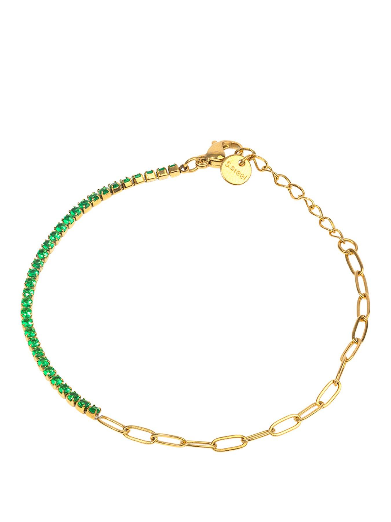 The Love Collection 18ct Gold PVD Plated Waterproof Stainless Steel Chain & Tennis bracelet in Emerald Crystal