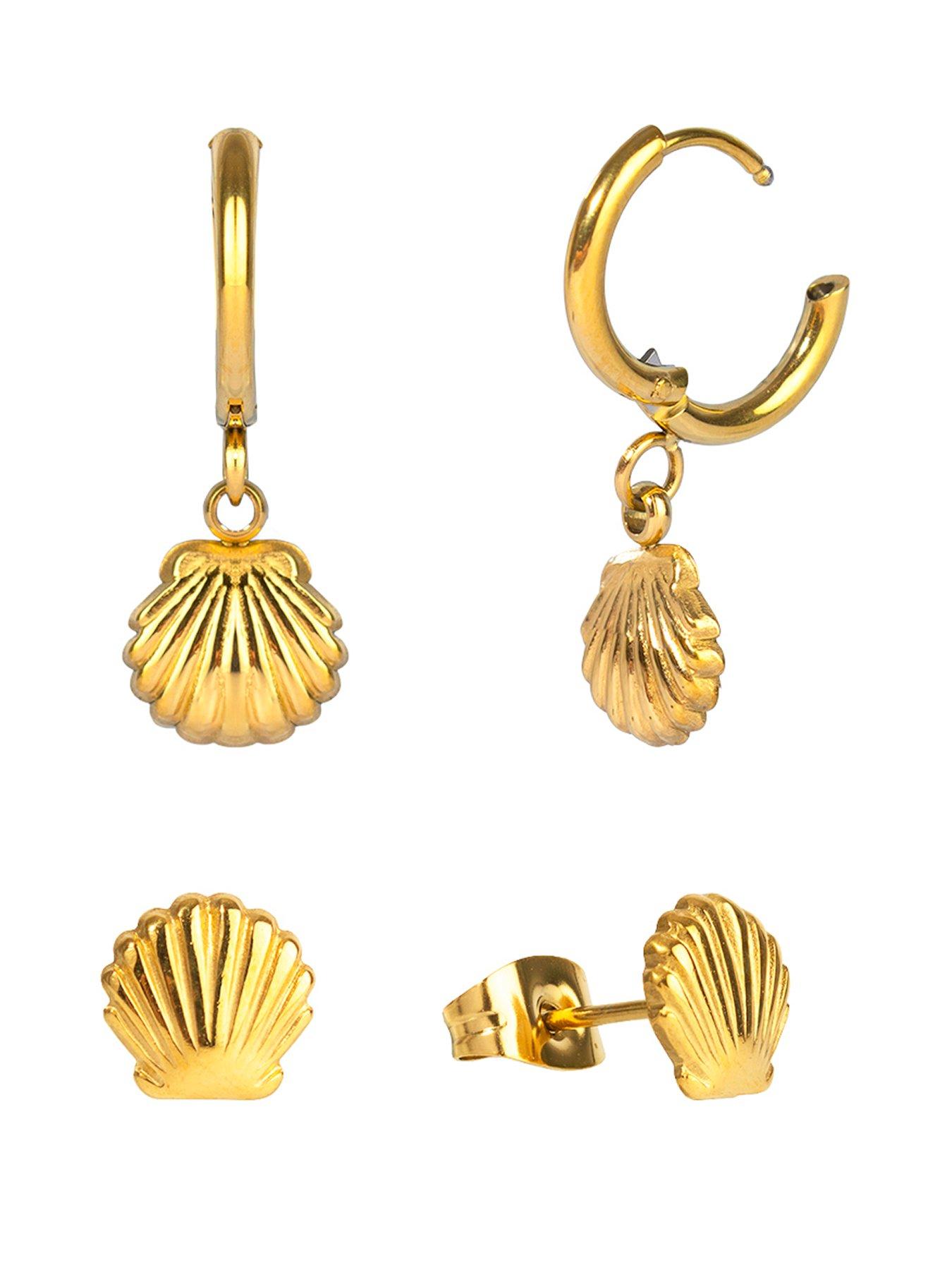 The Love Collection 18ct Gold PVD Plated Waterproof Stainless Steel Shell Studs and Huggie Set