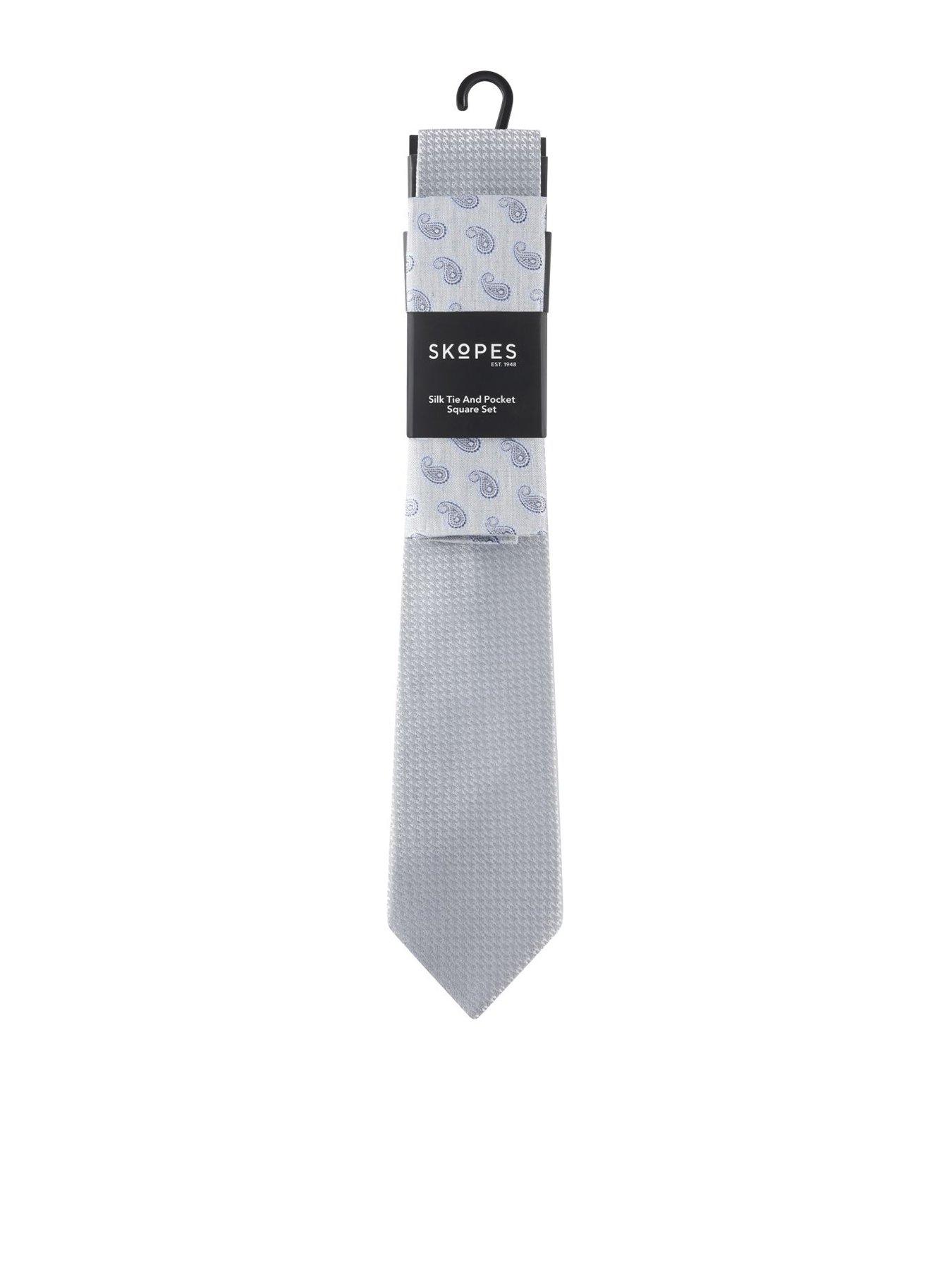 Skopes Silver Plain Tie  &  Paisley Pocket Square Set