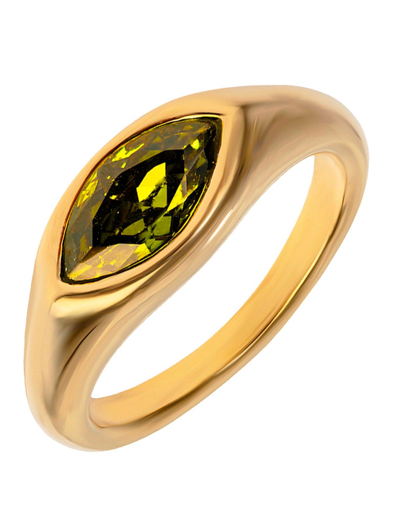 The Love Collection Gold PVD Plated Stainless Steel Marquise Green Crystal Rubover Ring
