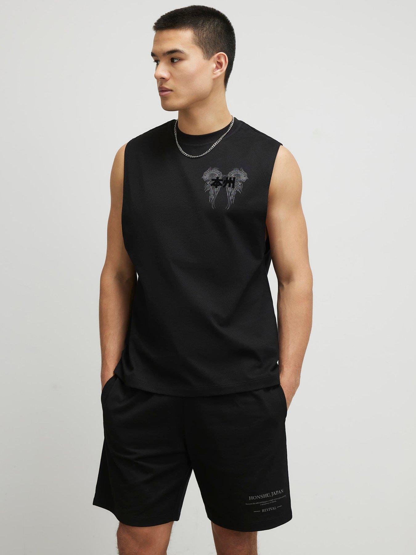 River Island Japanese Graphic Vest And Short Set - Black