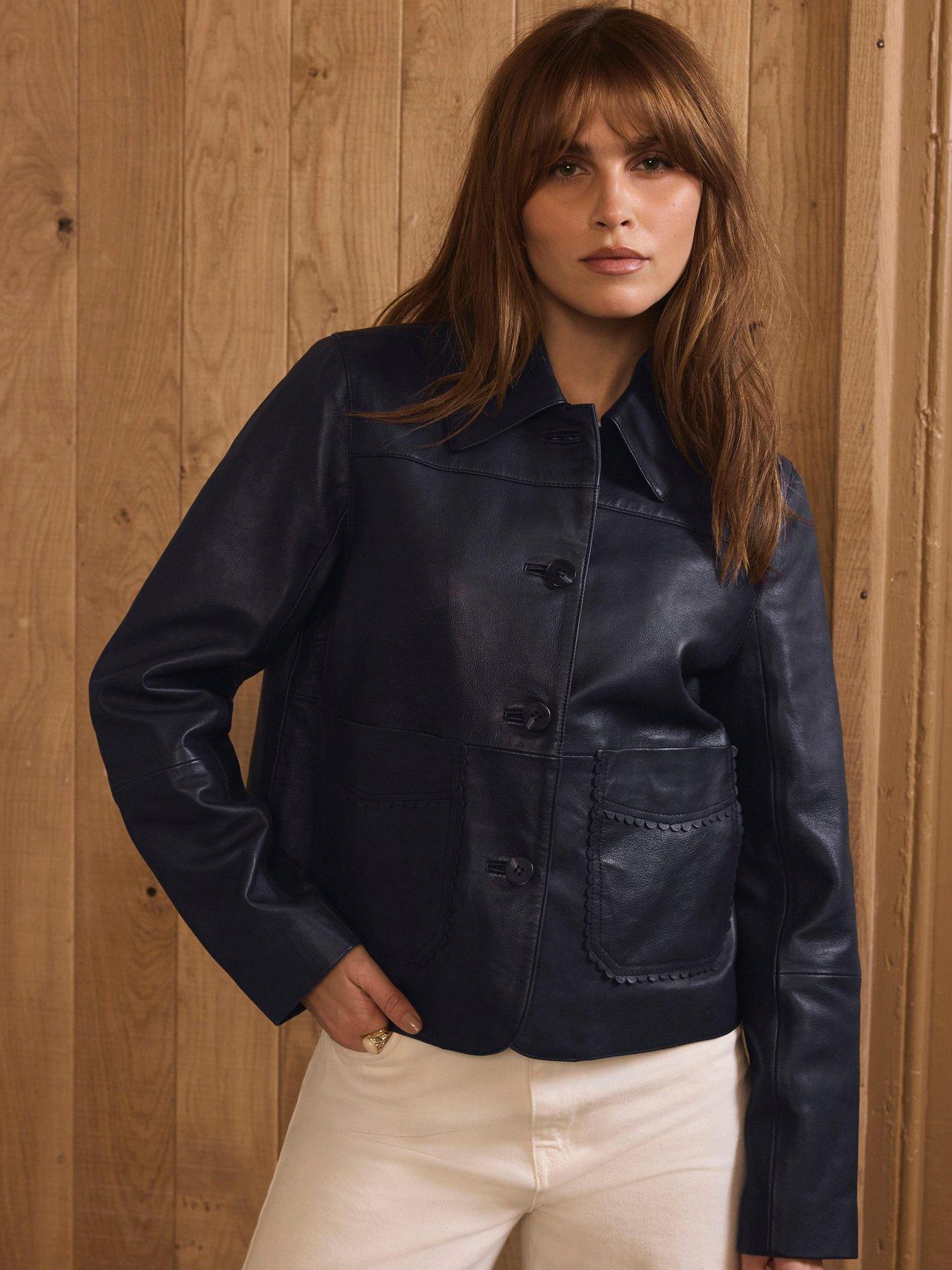 Image 2 of 6 of Mint Velvet Navy Leather Scallop Jacket