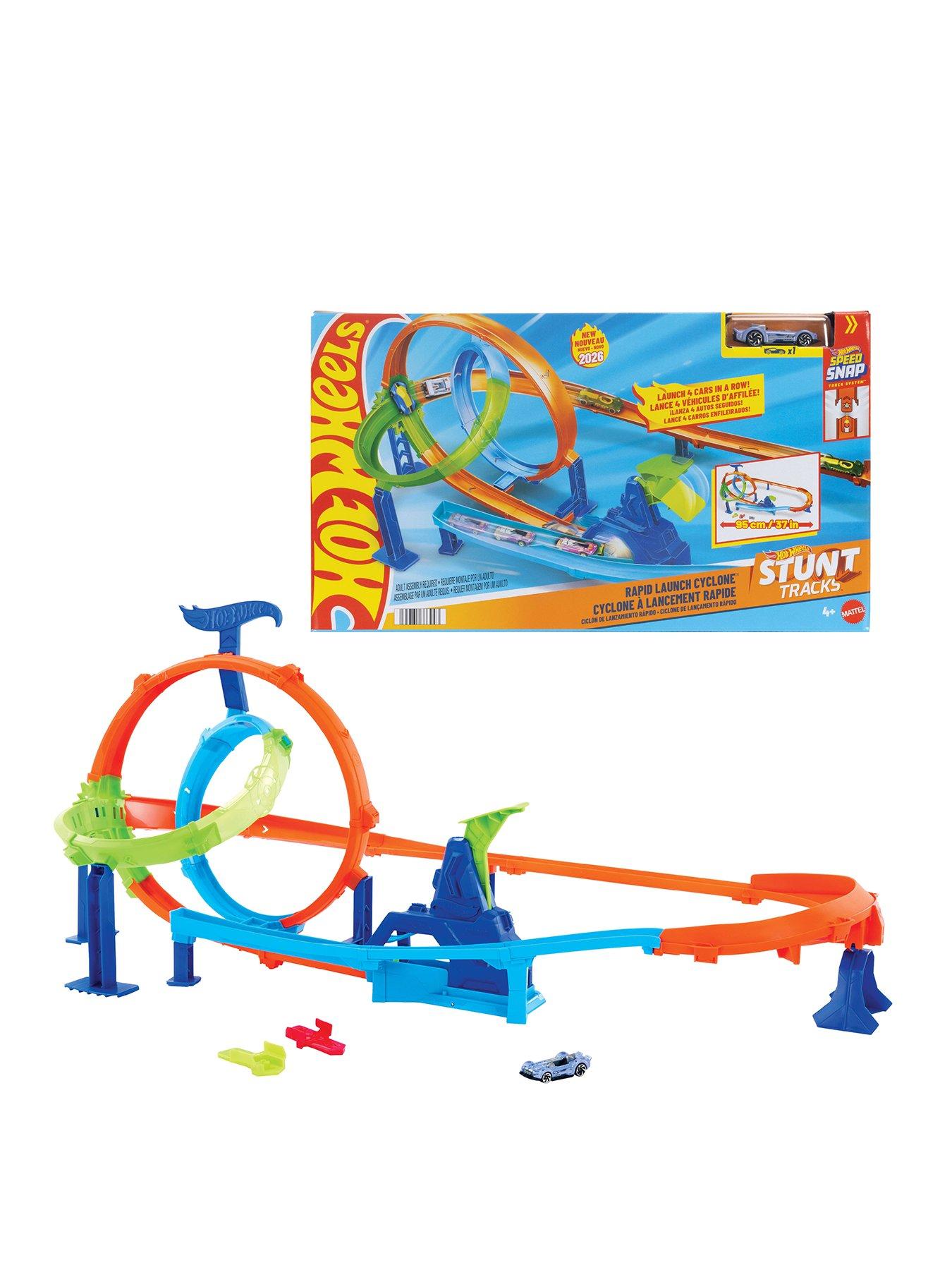 Hot Wheels Stunt Tracks Rapid Launch Cyclone Track Set  &  1:64 Scale Die-Cast Toy Car