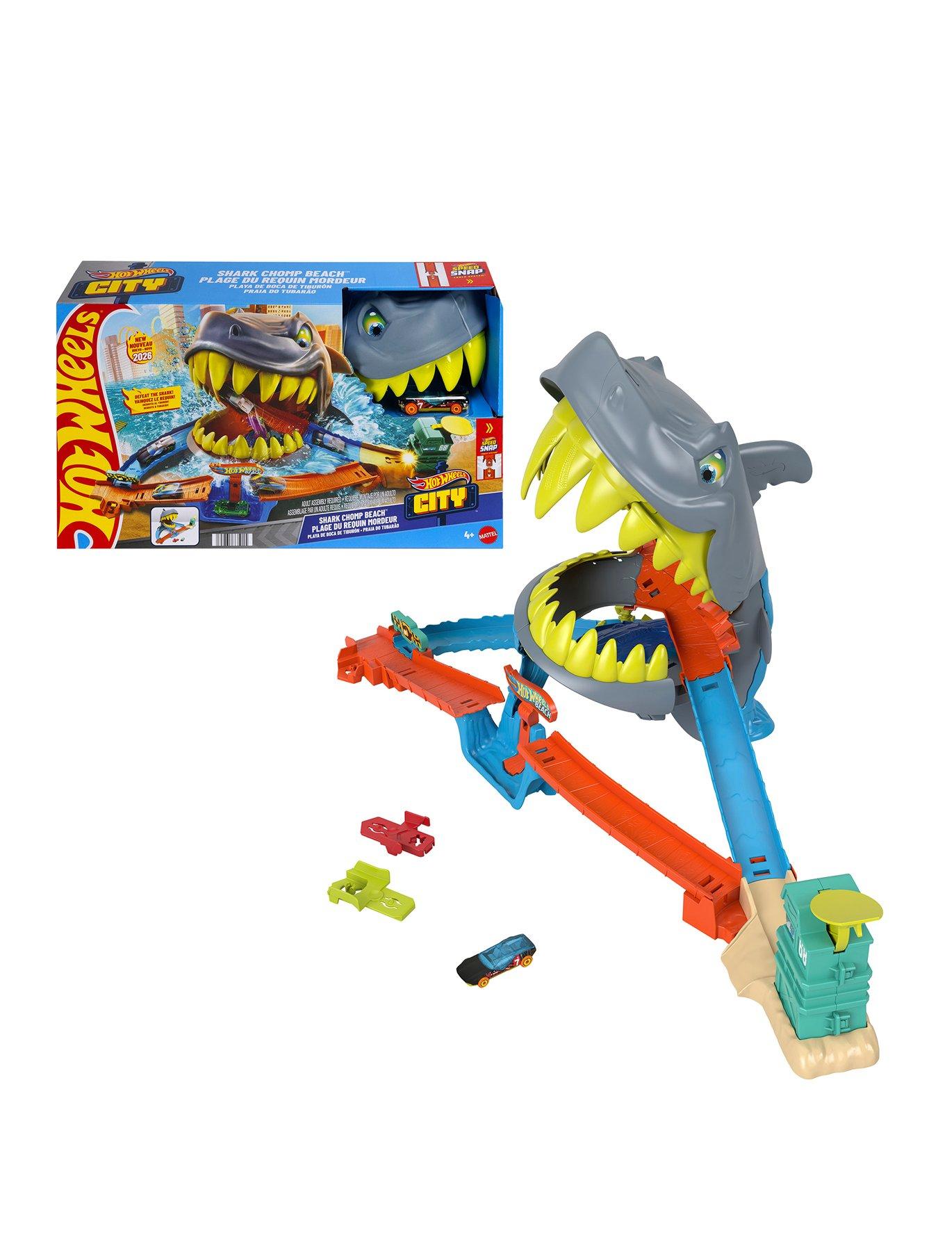 Image 1 of 7 of Hot Wheels City Shark Chomp Beach Playset &amp; 1:64 Scale Die-Cast Toy Car