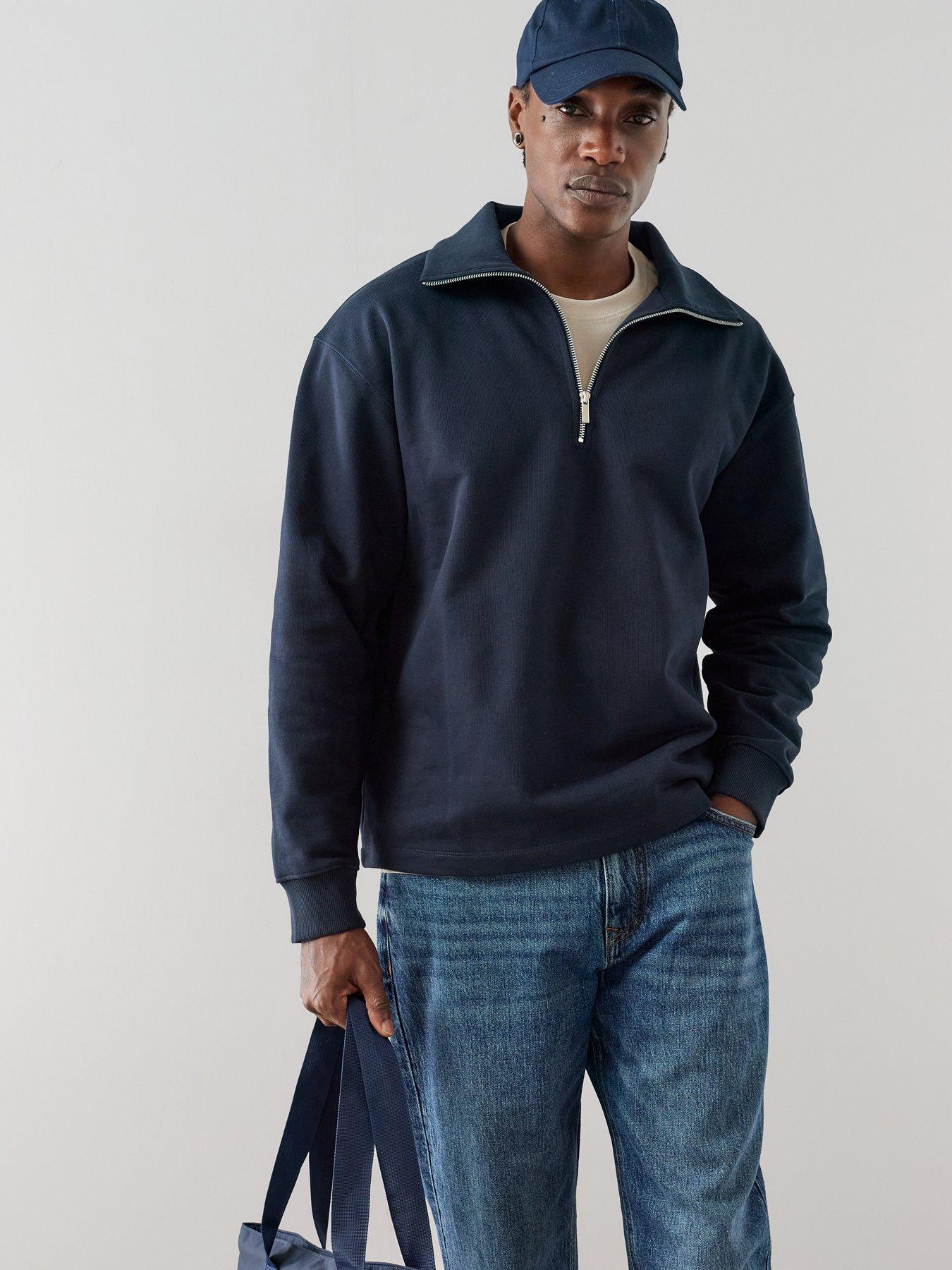 Image 1 of 6 of The Very Collection Cotton Rich Quarter Zip Funnel Neck Sweatshirt - Navy