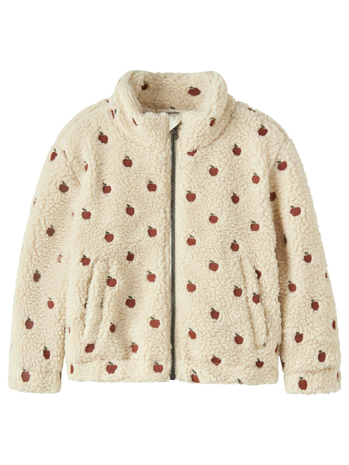 Image 2 of 5 of Lil Atelier Mini Girls Apple Embroidered Fleece Jacket - Cream